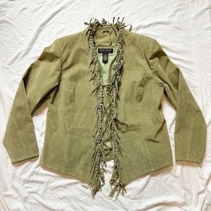 Dialogue Light Olive Leather Suede Retro Groovy Fringe Jacket 70s Boho Hippie M